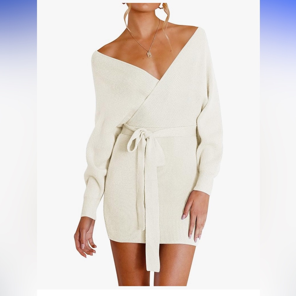 NWT Women's Fall Long Batwing Sleeve Wrap V Neck Knitted Dress